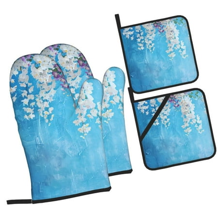 

Sikiie Hanging Orchids Floral Blue Oven Mitts and Pot Holders Silicone Oven Gloves Heat Resistant Oven Mitts 4Pcs Set