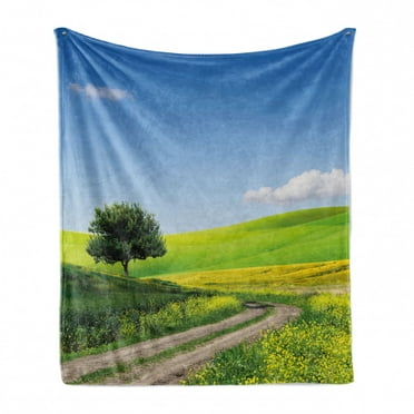 Nature Soft Flannel Fleece Throw Blanket, Rural Country Scenery with Floral Grass Field Tree Idyllic Landscape, Cozy Plush for Indoor and Outdoor Use, 50" x 70", Apple Green Pale Blue, by Ambesonne