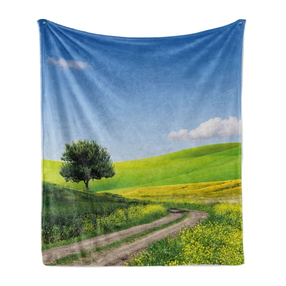 Nature Soft Flannel Fleece Throw Blanket, Rural Country Scenery with Floral Grass Field Tree Idyllic Landscape, Cozy Plush for Indoor and Outdoor Use, 50" x 70", Apple Green Pale Blue, by Ambesonne