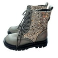 thumbnail image 3 of Juebong Womens Sequin Sparkle Lace-Up Combat Boots Chunky Low Heel Lug Sole Ankle Boots Glitter Short Booties Gray,41, 3 of 8