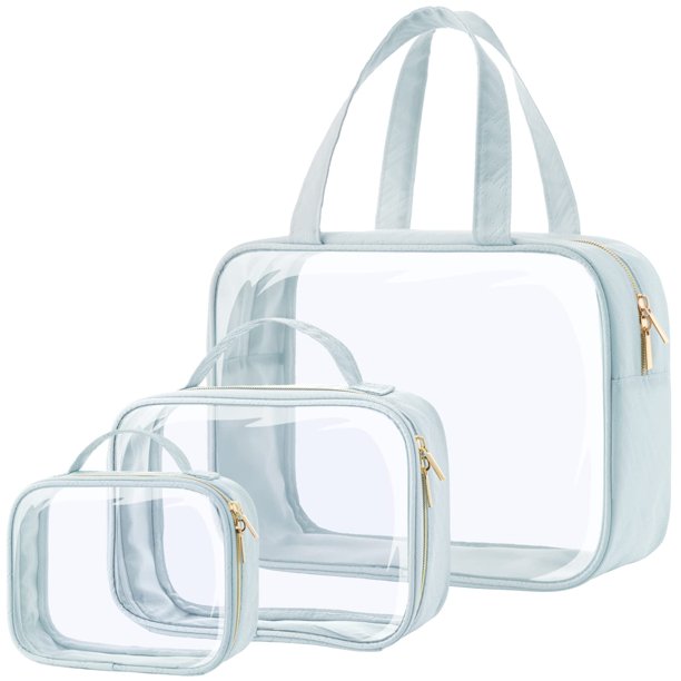 Bolsas de aseo PACKISM Clear, paquete de 3 con asa, impermeables, azul grisáceo
