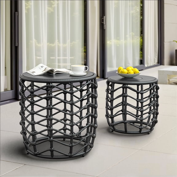 EVERITE Outdoor Side Table Modern Boho Style with Built-in Solar Lights Wave Wicker End Tables Set of 2,Black