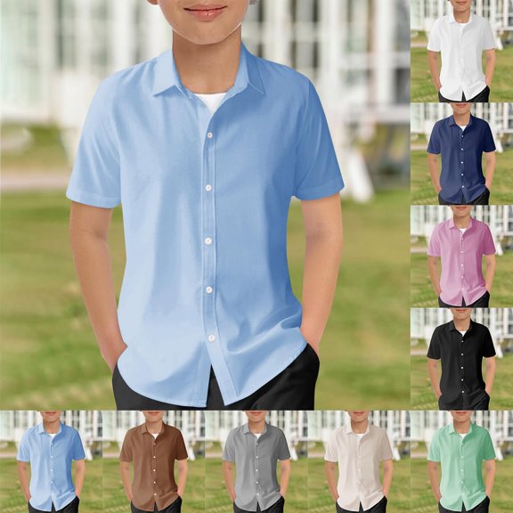 SOFTCCLO Boys Shirts Short Sleeve Lapel Collar Solid Color Tops Summer Casual Lightweight Comfortable Kids Shirts 5-6Y