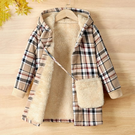 LFEOOST Toddler Girl Winter Coat Plaid Print Long Sleeve Hoodie Jacket and Crossbody Bag for Infant Baby Spring Fall Outwear (Khaki  4 Years)