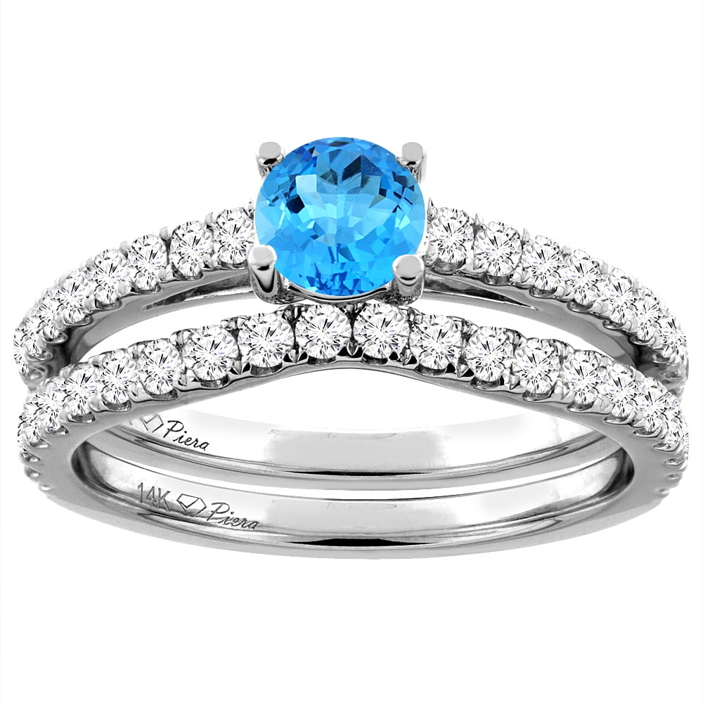 14K White Gold Diamond Natural Swiss Blue Topaz Engagement Bridal Ring Set Round 6 mm, size 5 by Gabriella Gold