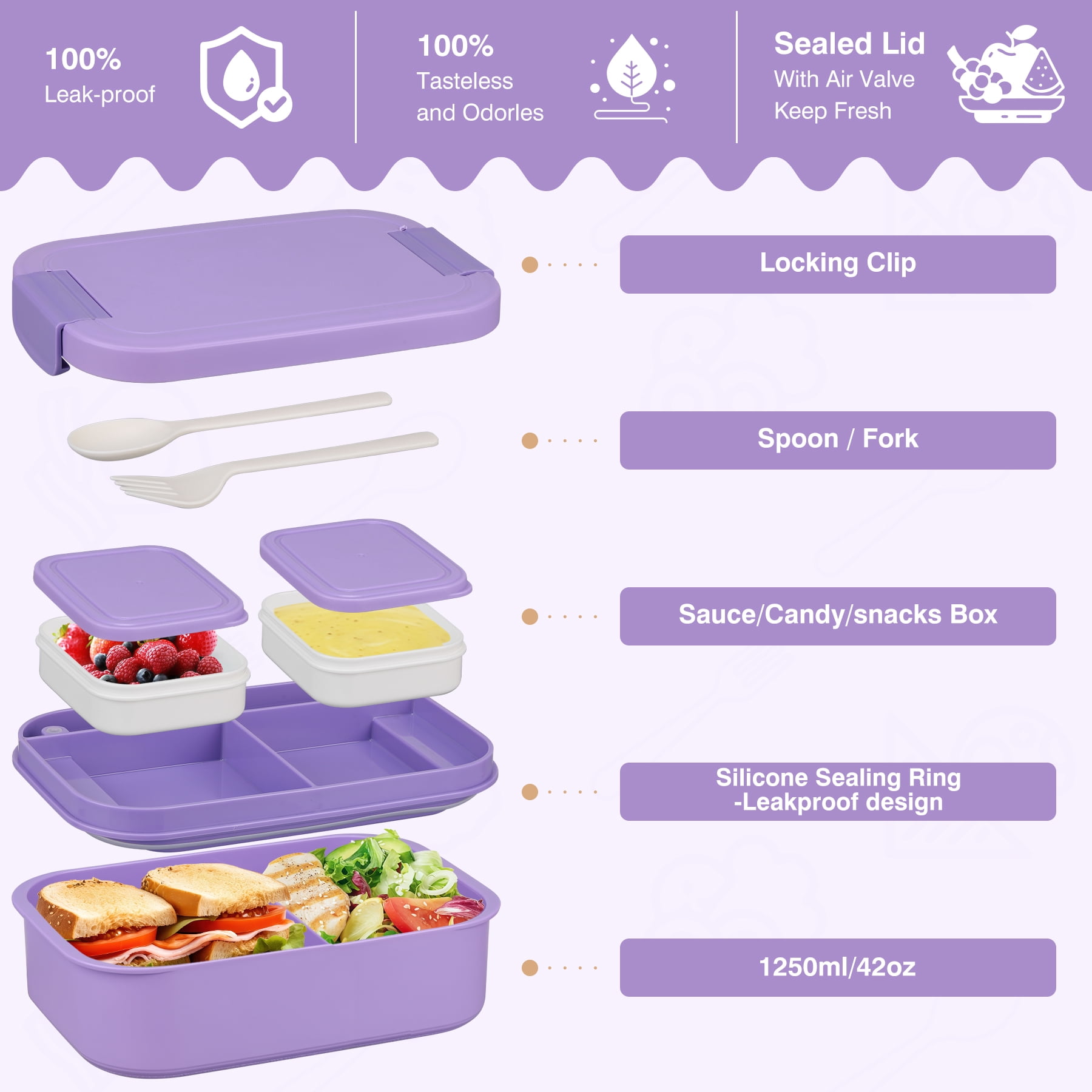 Bento Lunch Box Set with 10.5oz Soup Thermo for Adults Kids, Leak-proof Food Jar Lunch Container with 4 Compartment, Stainless Steel Coffee Tumbler with Lunch Bag for School Travel Office Purple