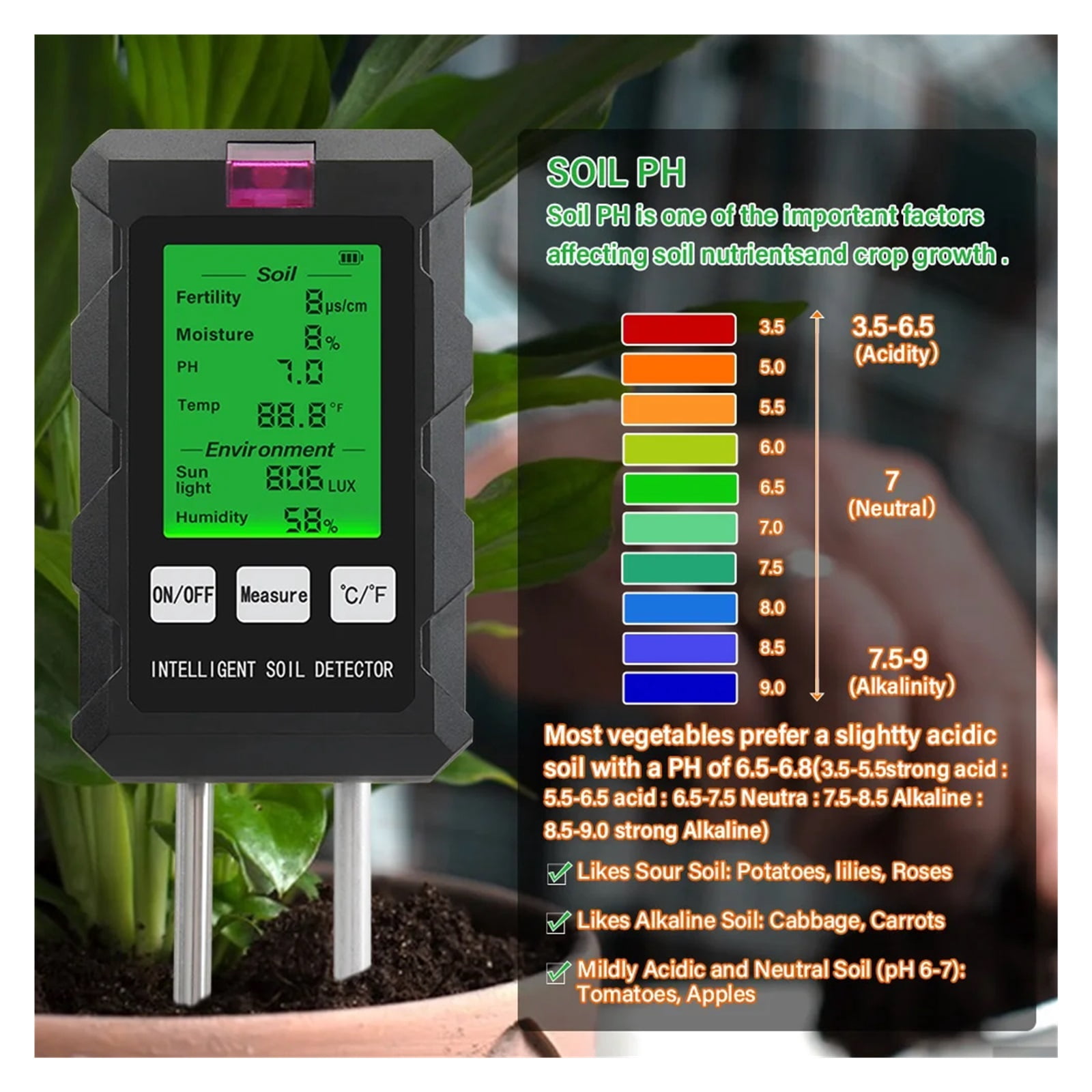 Digital 6 in 1 Soil PH Meter Fertility Soil Moisture Sunlight Ambient Humidity Temp Tester Monitor Detector Garden Soli Analyzer
