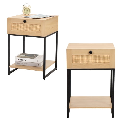 Natural Rattan Nightstand Bedside Table with one Drawer and Bottom