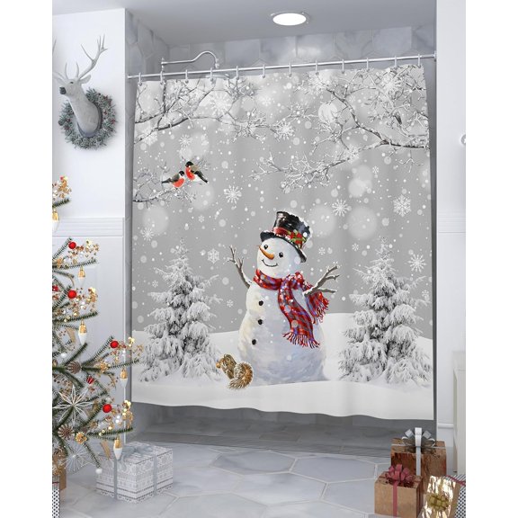 Christmas Shower Curtains for Bathroom Snowman Shower Curtain with Hooks, Christmas Tree Waterproof Polyester Cardinals Shower Curtain Set, 84inch Extra Long Winter Grey Bathroom Curtains Decoration