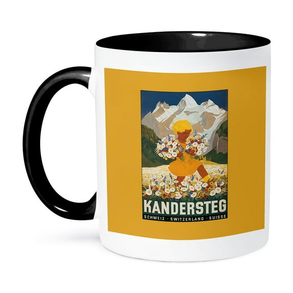 3dRose, Kandersteg Switzerland Little Girl Picking Flowers in the Swiss Alps, 11oz Two-Tone Black Mug