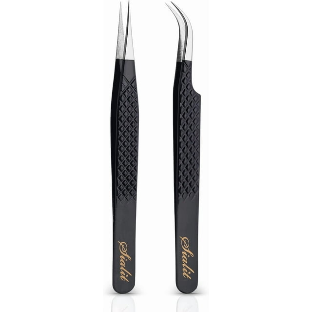 SIALIT Pinces à Cils - pour Extensions de Cils, Pinces Droites et Incurvées Pro Level, Ensemble de 2 Pcs, Pinces en Acier Inoxydable Noir pour Stimuler la Créativité de Vos Cils