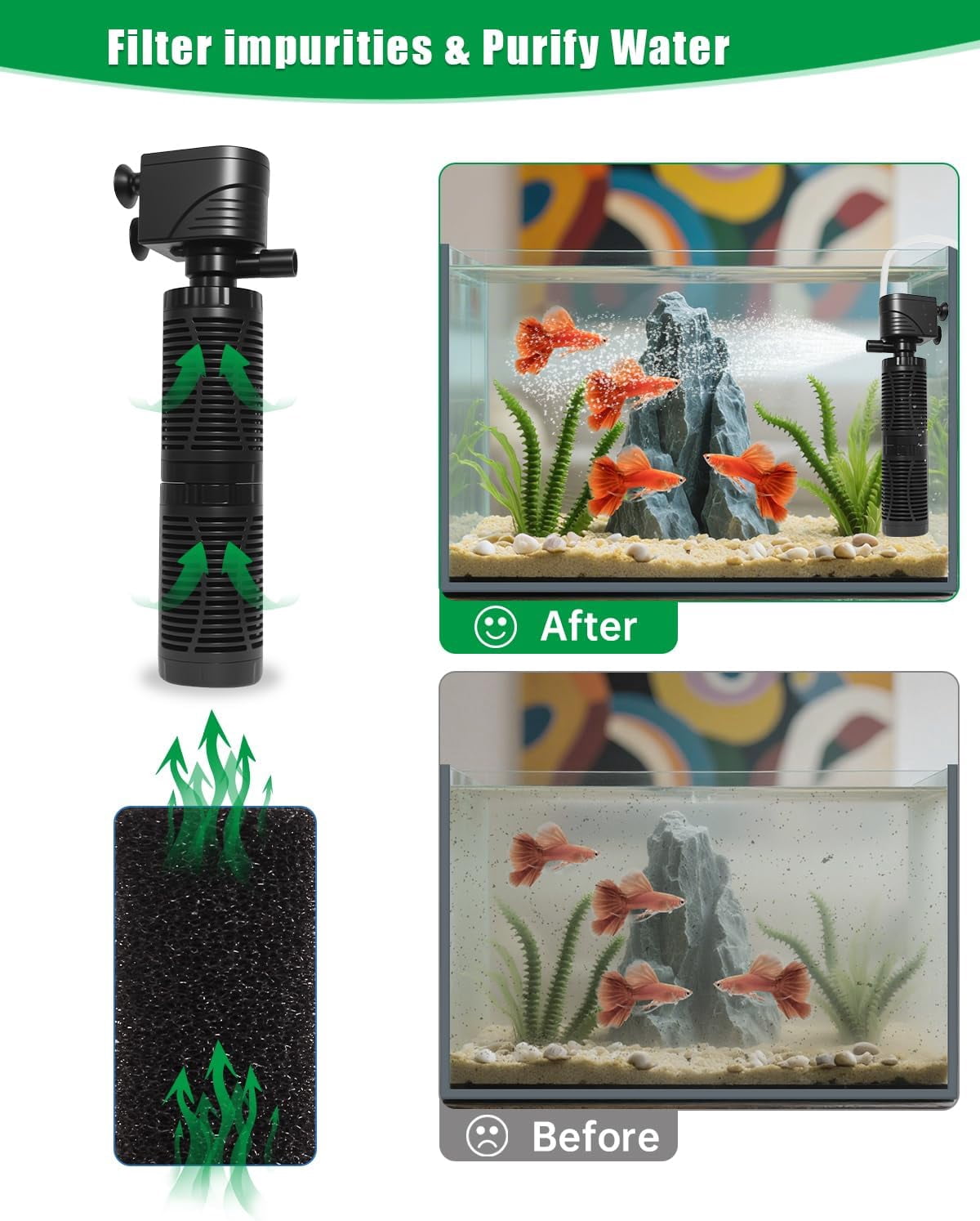 20W Submersible Aquarium Filter for 50–120 Gallon Fish Tanks, Quiet Operation Internal Pump, Energy Efficient, Easy to Install & Maintain, Freshwater or Saltwater, Comes with Sponge