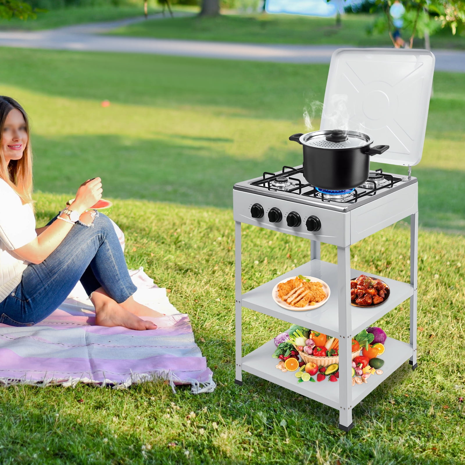 4-Burner Gas Stove with 2-Tier Storage Rack, Manual Ignition, High Efficiency & Durability for Home and Commercial Use