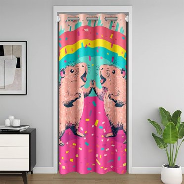 Erosebridal Girly Pink Guinea Pig Door Curtain Panel 59x80, Retro Cartoon Room Divider Curtain, Rainbow Decor