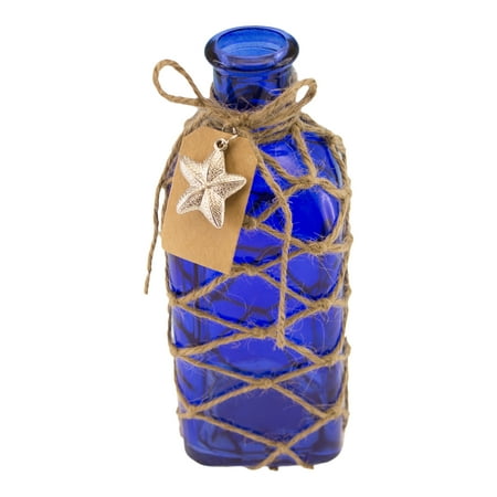Art Deco Bottle - Cobalt Blue Square Bottle with Jute Rope Netting and Starfish Accent