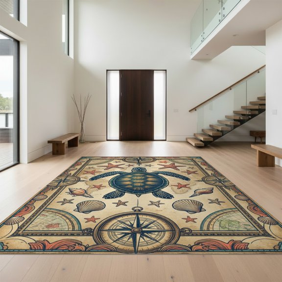 Design&I 8'x10' Washable Area Rug Nautical Starfish Seashell Retro Map Ocean Themed Turtle Round Refined for Living Room, Family Extra Large Skid-Resistant Low Profile