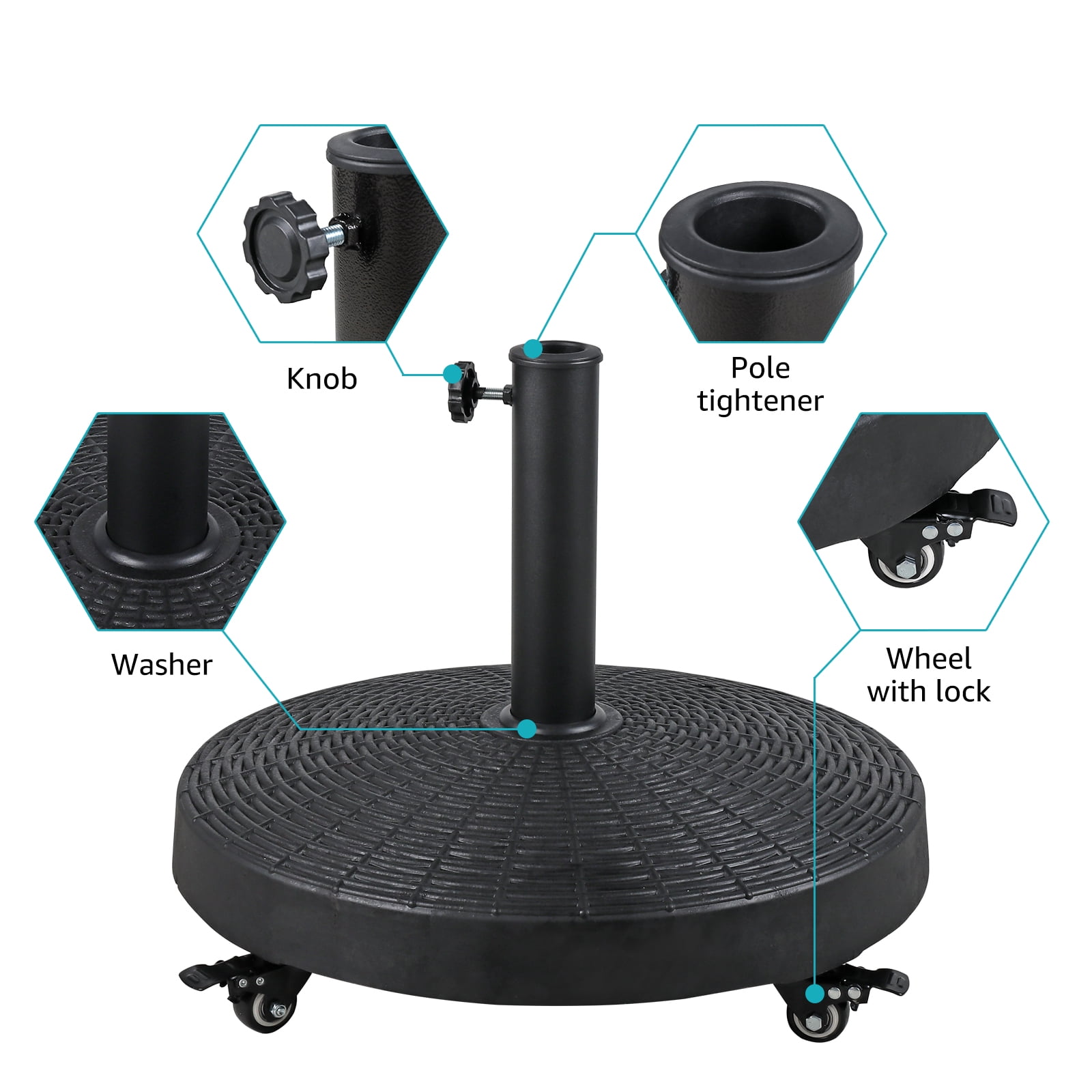 COBANA Patio Umbrella Base with Wheels, Heavy-duty Round Resin Umbrella Stand Weights, 52lbs, Black