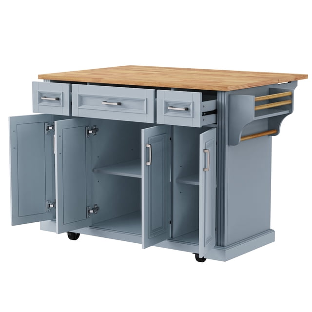 54inch Large Kitchen Island with Rubber Wood Drop Leaf, Embossed Texture Rolling Kitchen Cart on 4 Wheels with 4 Doors and 3 Drawers, Kitchen Island with Storage for Kitchen, Dining Room,Grey Blue