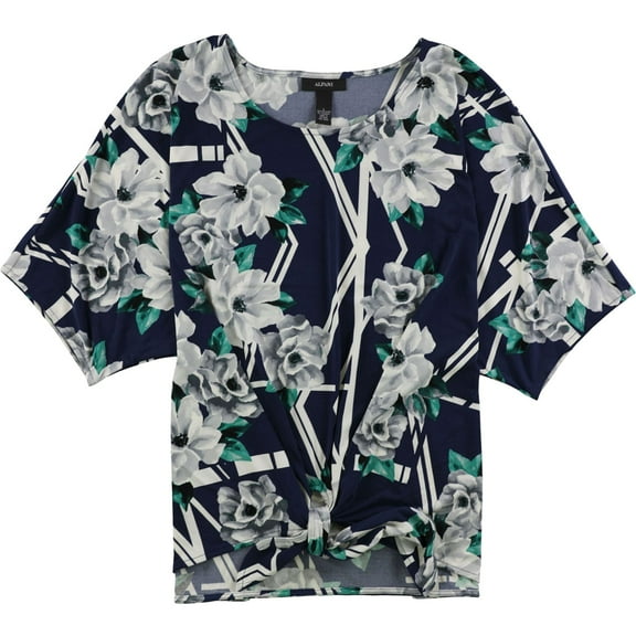 Alfani Womens Floral Tie-Hem Pullover Blouse, Blue, Large