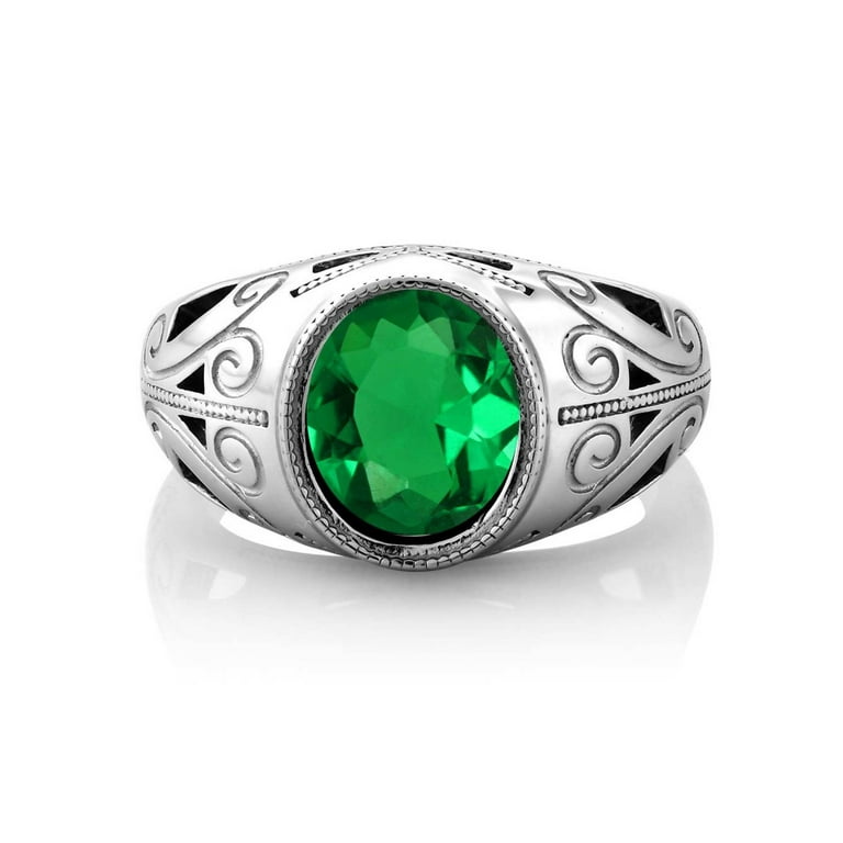 Gem Stone King Men's 925 Sterling Silver Oval Green