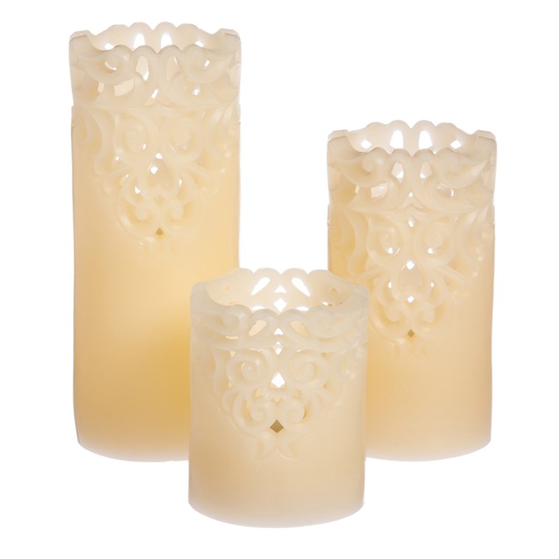 Ivory Engraved Battery Operated Flameless LED Wax Pillar Candle w