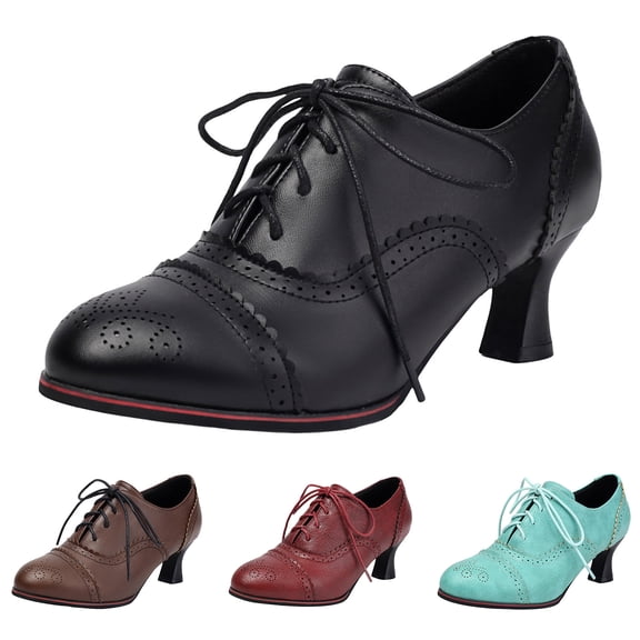 Modisza Women's Kitten Heels Oxfords Pumps Retro Lace Up Breathable Dressy Shoe Ladies Slip on Work Party Heel Sandals Black Size 5.5
