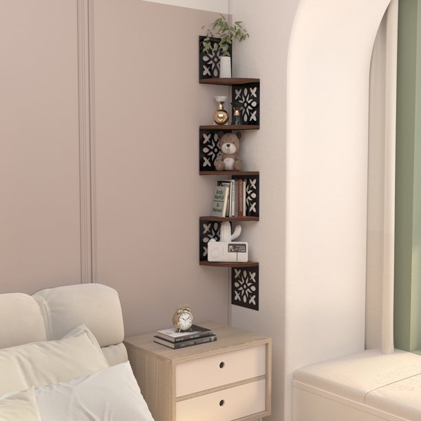 5Tier Floating Corner Shelf Wall Mount Rustic Shelves for Living Room