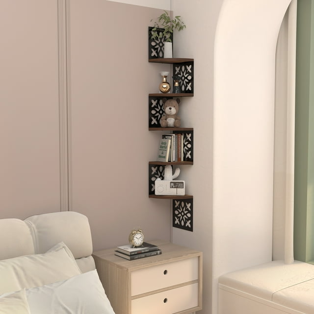 5Tier Floating Corner Shelf Wall Mount Rustic Shelves for Living Room