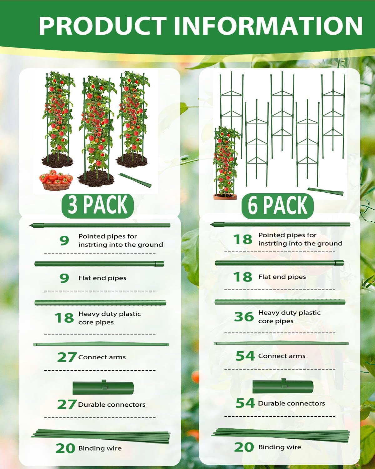 6 Pack Tomato Cages for Garden, 51in*13in Adjustable Tomatoes Plant Stakes Support Cages Trellis, Garden Trellis for Vegetable Flowers Fruits Climbing Plants- 20 Binding Wires Included