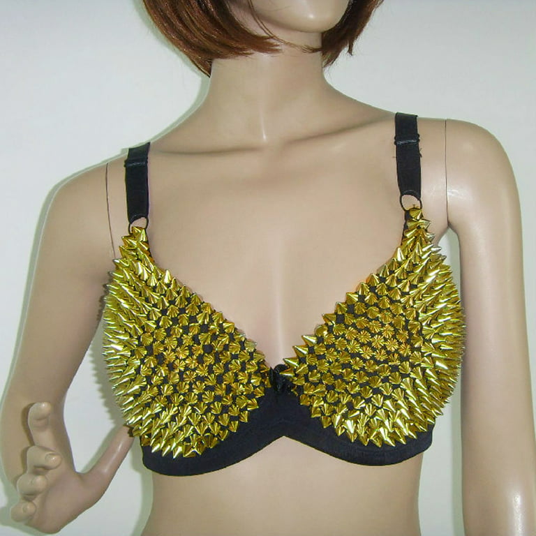 CLZOUD Woman's Bras Gold Rivet Woman Performance Bra D Cup for The Large  Size Lady Nightclub Stage Performance Clothing L