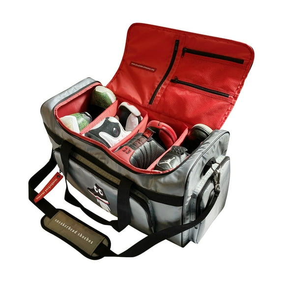 Sneakerhead Large Premium Shoe Bag & GYM, Travel Luggage Duffel Bag with 4 Adjustable Compartments for Sneakers, Clothing (Grey)