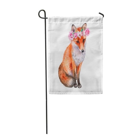 SIDONKU Pink Fox in Flower Wreath Crown Roses Watercolor Clip Garden Flag Decorative Flag House Banner 28x40 inch