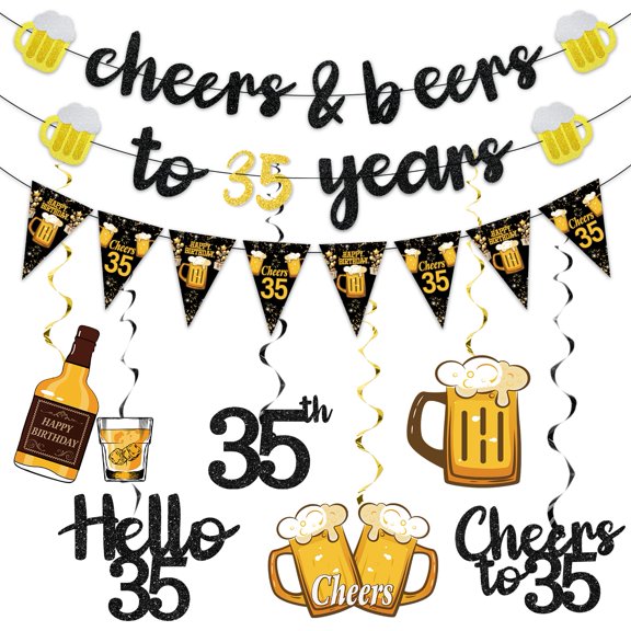 Black Gold 35th Birthday Decorations for Him Men, Glitter Pre-Strung Cheers to 35 Years Banner Hanging Swirls Paper Triangle Flag Banner Decorations Bday Party Supplies Kit