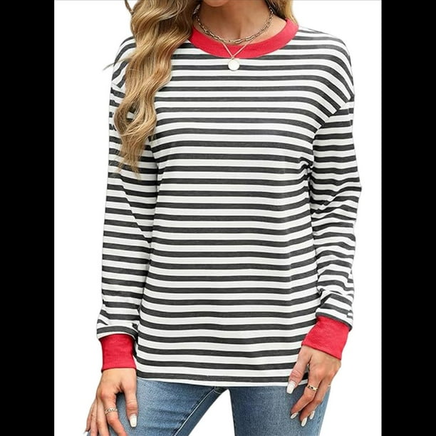 Tops Tipo Túnica para Mujer, Camisas A Rayas de Larga, Tops de Cuello Redondo Negro y Rojo L