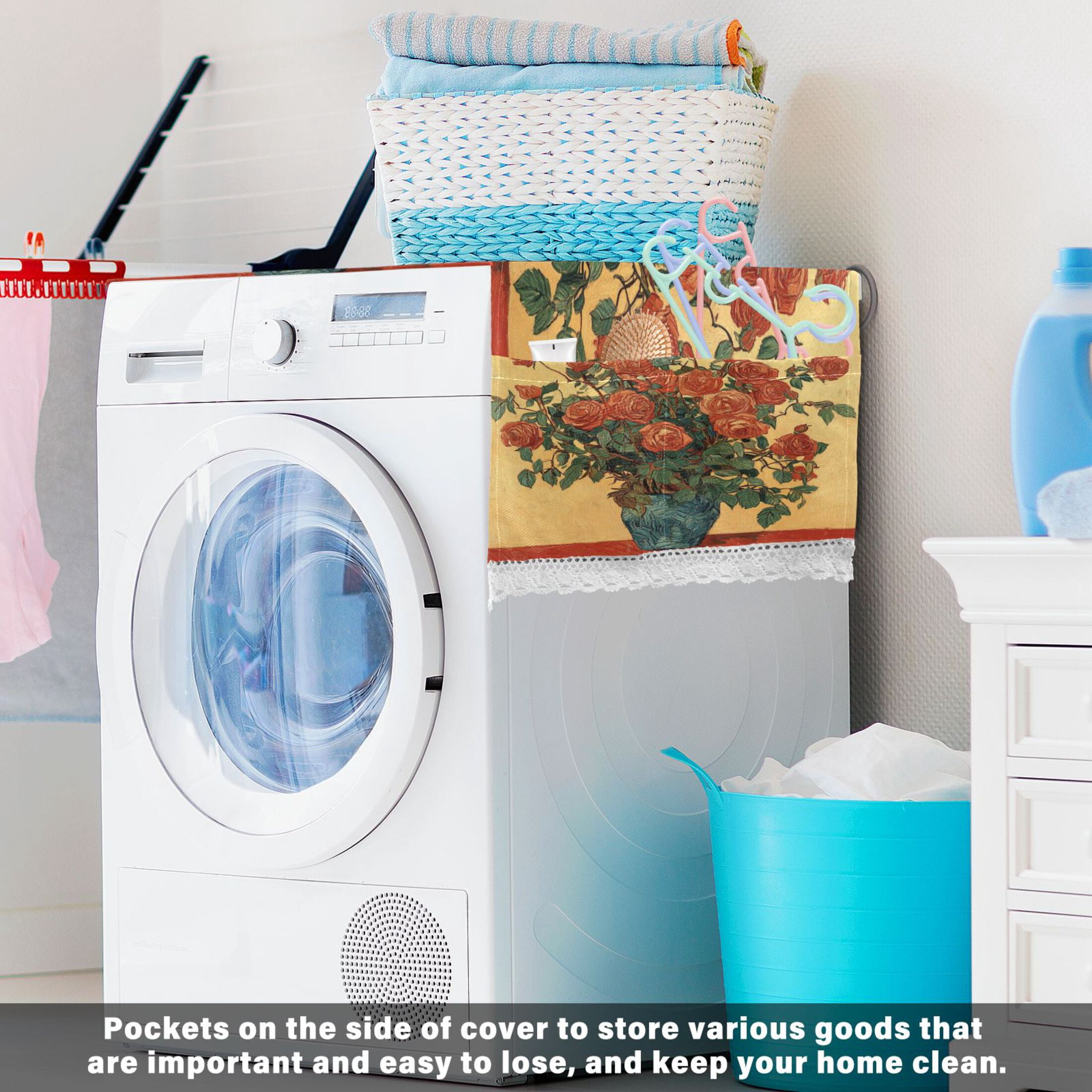 WOBOGO Oil Painting Patterns for Red Rose Pots Washing Machine Cloth Dryer Refrigerator Top Cover Protective Non-Slip Mat For Kitchen Laundry