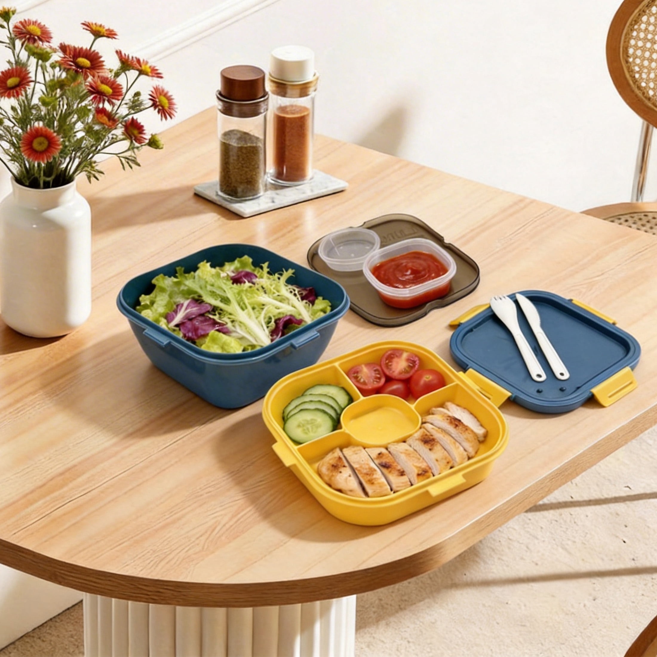 GARITIN Salad Container, 58 oz Bento Lunch Box with 4-Compartment Tray for Meal Prep