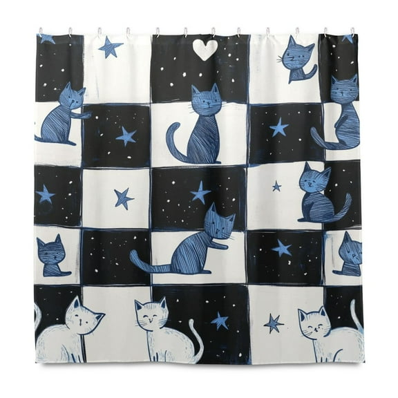 Yayeee Shower Curtain with Hooks 72"x72" Waterproof Fabric Bathroom Hanging Decor, Blue Cat Stars
