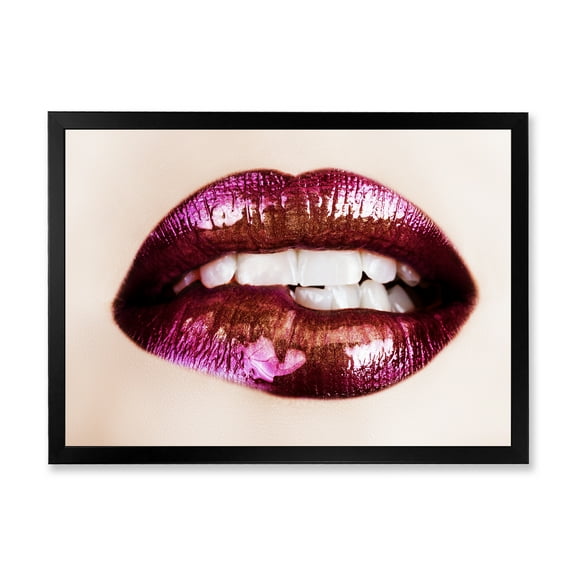 Designart 'Close-Up Of Purple Female Lips' Modern Framed Art Print