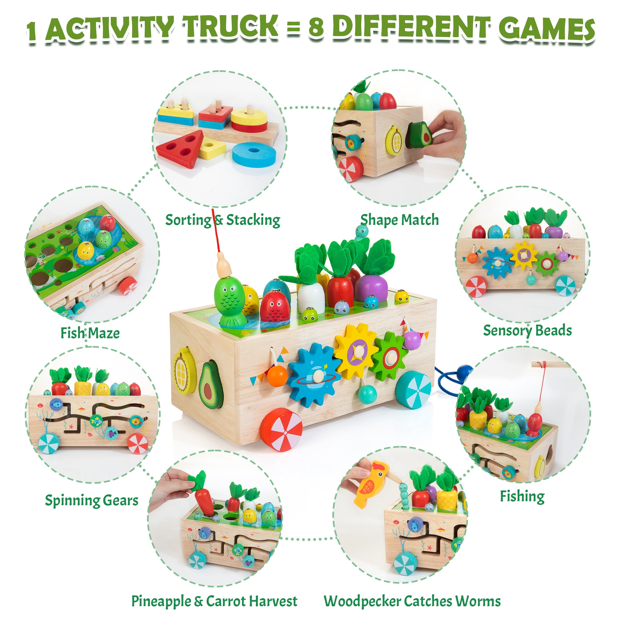 8 in 1 Montessori Wooden Activity Truck Toy Spinning Stacker Blocks Educational Gift for Kids 1 4 years Walmart