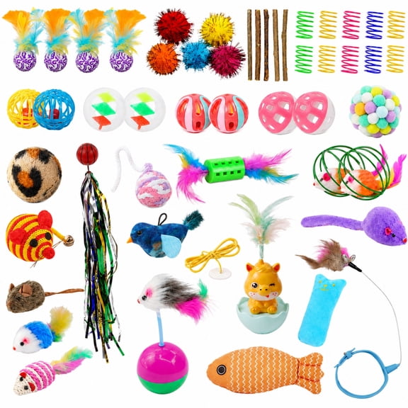 QOPR 50 Pcs Cat Toy Variety Pack, Kitten Toys and Cat Toys for Indoor Cats with Balls, Springs, Plush Fish, Mice & Feather Teaser