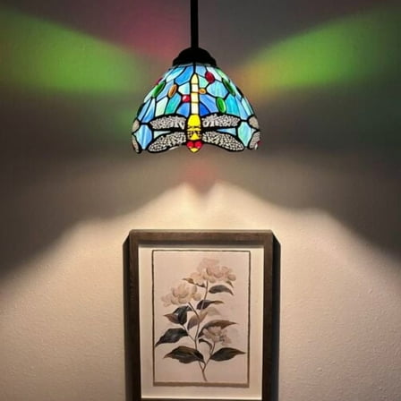 Tiffany Mini Hanging Blue Stained Glass Dragonfly 8-Light LED Pendant Lights with Stained Glass
