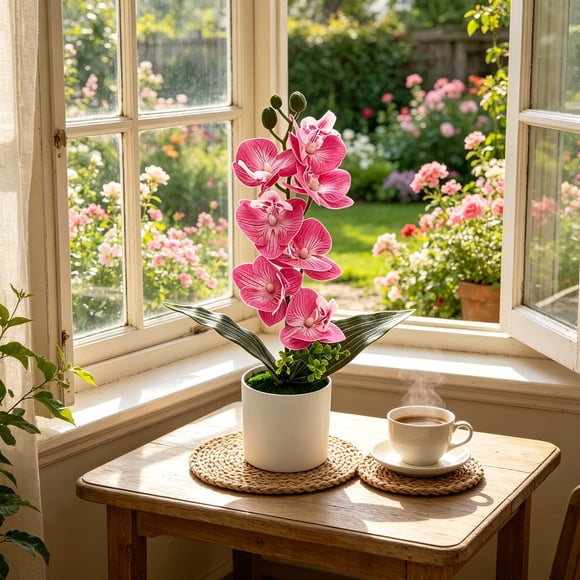 Cagogo Artificial Phalaenopsis Orchid Potted Plant, 7 Flower Faux Orchid Centerpiece, Home Decor Fake Flower Arrangement for Wedding Party Office