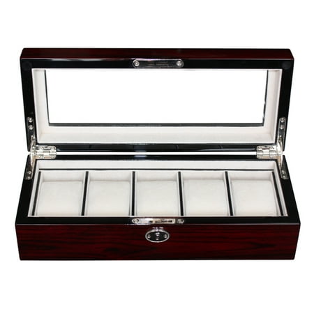Rosewood Watch Case 5 Piece Cherry Wood Rosewood Ladies or Men's Watch Box Display Case Collection Jewelry Box Storage Glass Top ()