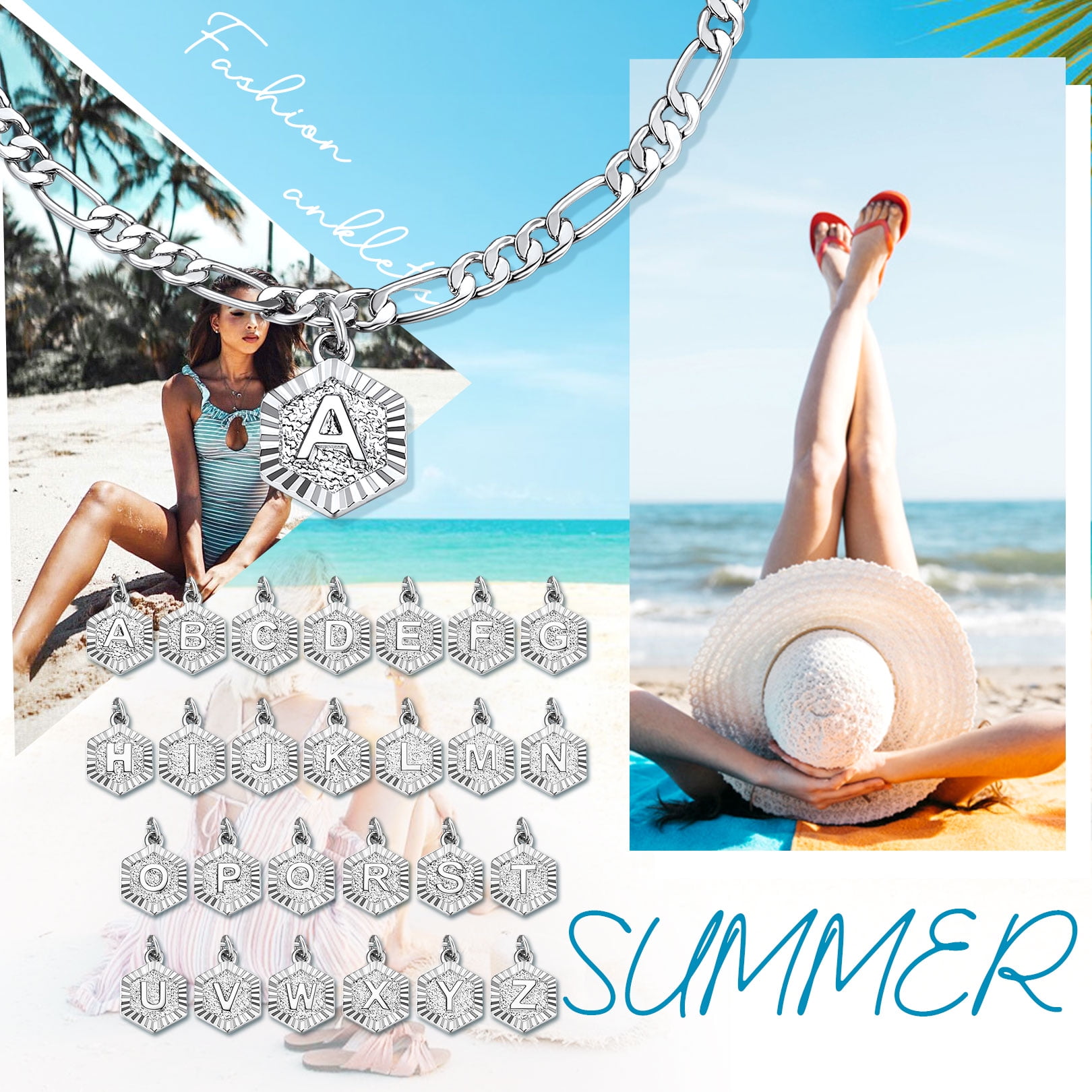FOCALOOK Initial J Anklets for Women, Large Plus Size Figaro Chain Ankle Bracelets, Hexagon Letter Charm Summer Beach Pool Waterproof Foot Jewelry 8.5-10.5inch