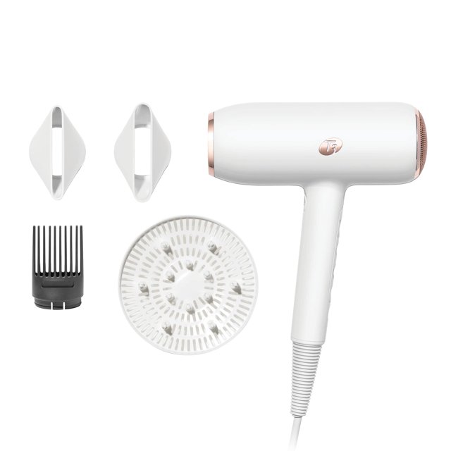 T3 Featherweight StyleMax Professional Ionic Hair Dryer in white and rose gold, paired with four attachments: two concentrators, a diffuser, and a comb attachment. Features include T3 StyleMax technology for personalized heat and speed settings, Digital T3 IonAir technology for fast drying with less damage, and a volume boost switch. Suitable for all hair types with 5 heat and 3 speed settings.