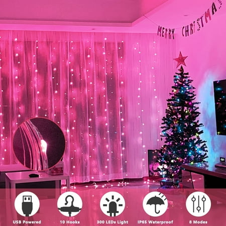 

300 LED Fairy Curtain Lights for Room 9.8 x 9.8 ft(3*3M) String Lights USB Powered 8 Lighting Modes Bedroom Wall Mount Flash Indoor/Outdoor with Remote Control for Party Background Decoration-7 pcs