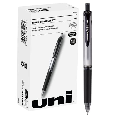 uni-ball® Signo Gel RT™ Retractable Pens, Medium Point, 0.7 mm, Silver Barrel, Black Ink, Pack Of 12 Pens