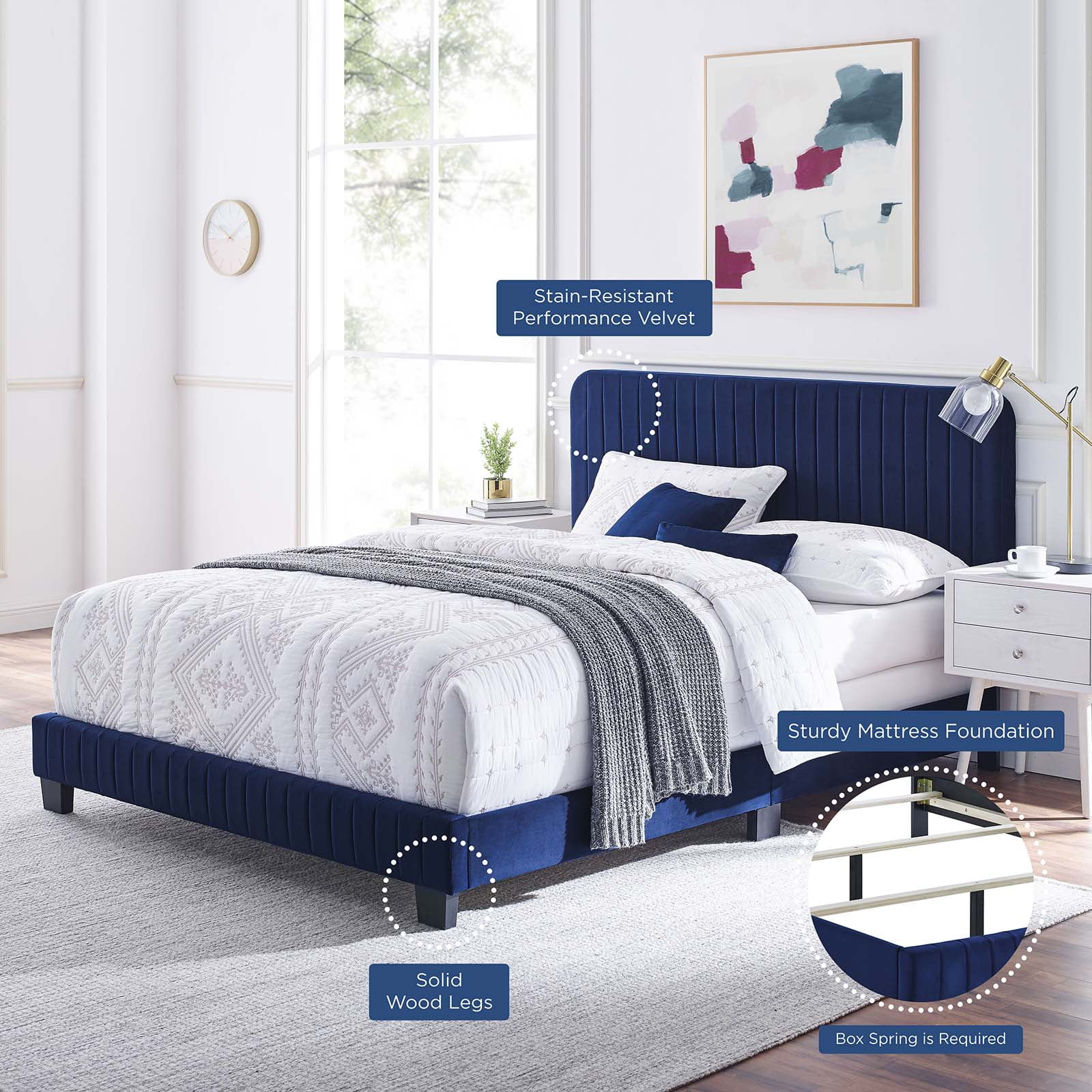 Tufted Platform Bed Frame, King Size, Velvet, Blue Navy, Modern Contemporary Urban Design, Bedroom Master Guest Suite