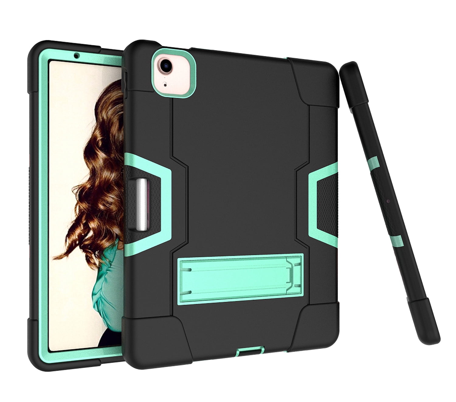 Allytech iPad Air 5 Case 2022, iPad Air 4 Case 2020, Heavy Duty Protection Shockproof Build In Kickstand Pencil Holder Kids Friendly Case for Apple iPad Air 5th 4th Generation, BlackBlack/Aqua