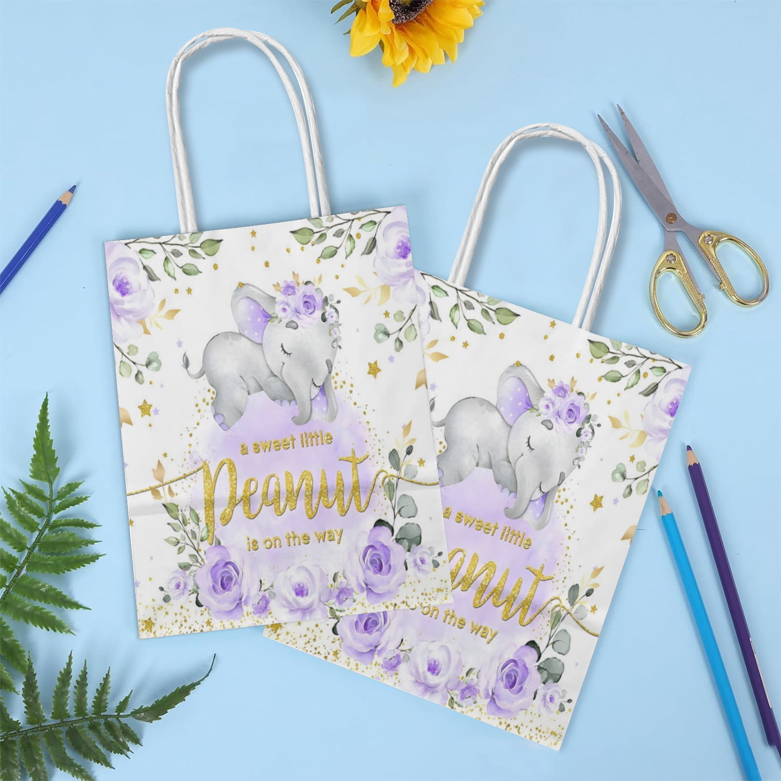20Pcs Purple Elephant Baby Shower Party Favor Bags for Boys Girls Neutral A Little Peanut is On The Way Floral Cake Table Decoration Welcome Newborn Party